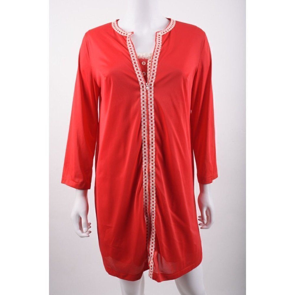 Vintage Womens Peignoir Babydoll Nightgown Pajama set + Robe Red Lace Trim Short